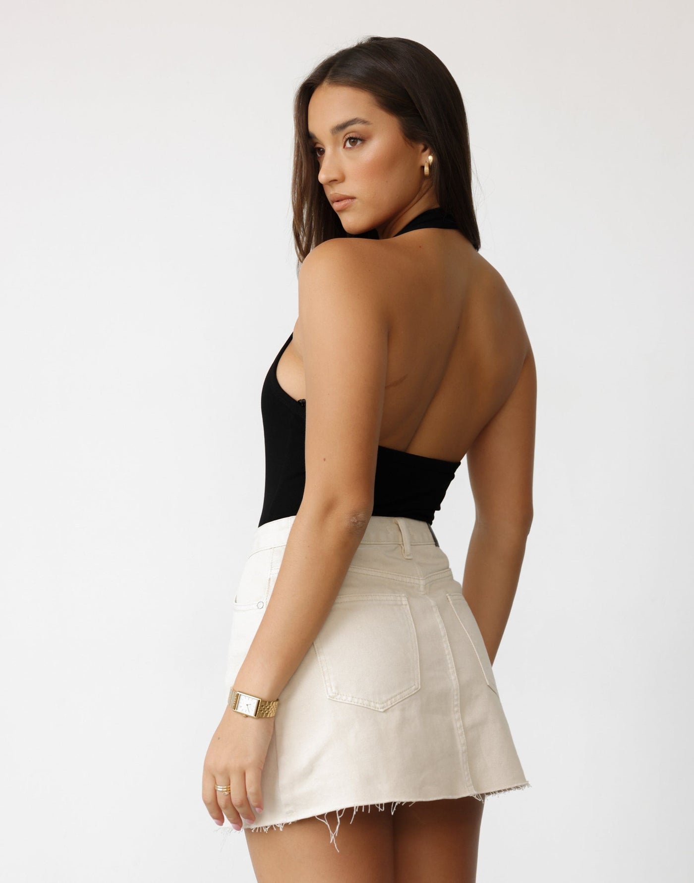 Rowan Denim Mini Skirt (Latte) | CHARCOAL Exclusive - Frayed Edge High Waist Mini Skirt - Women's Skirt - Charcoal Clothing