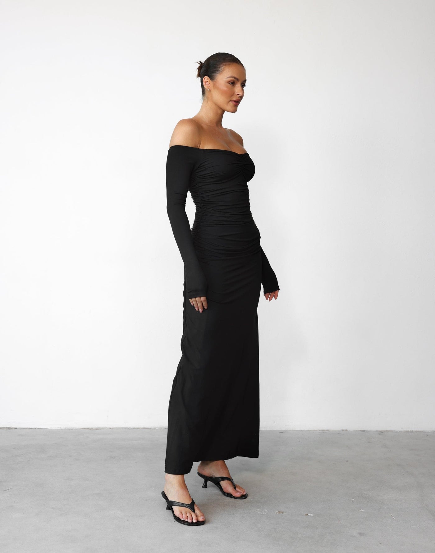 Josephine Maxi Dress (Black) - Ruched Gathered Detail Off Shoulder Long Sleeve Maxi - Women's Dress - Charcoal Clothing