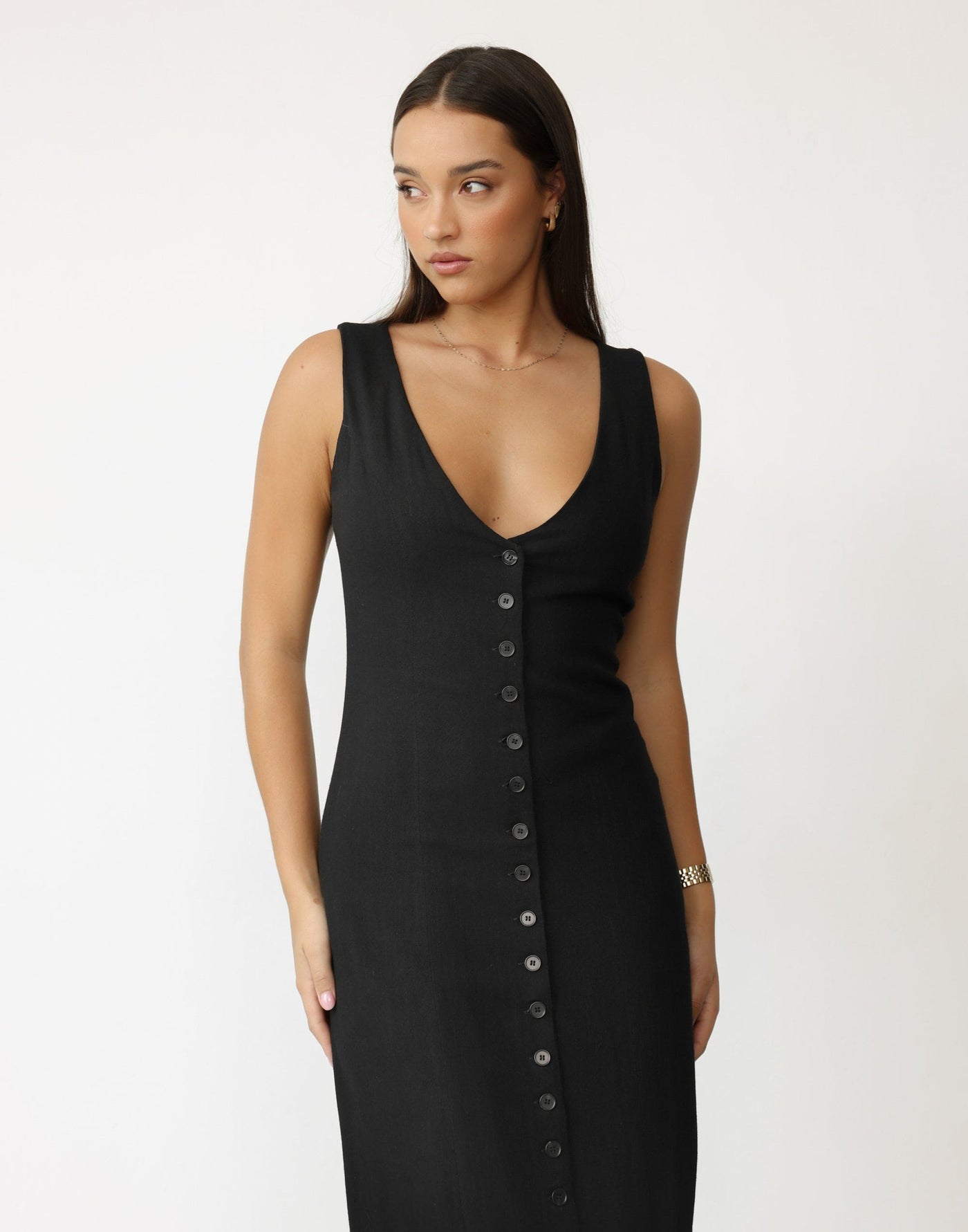Cailey Maxi Dress (Black) | CHARCOAL Exclusive - Button Closure V-Neckline Linen Blend Maxi Dress - Women's Dress - Charcoal Clothing