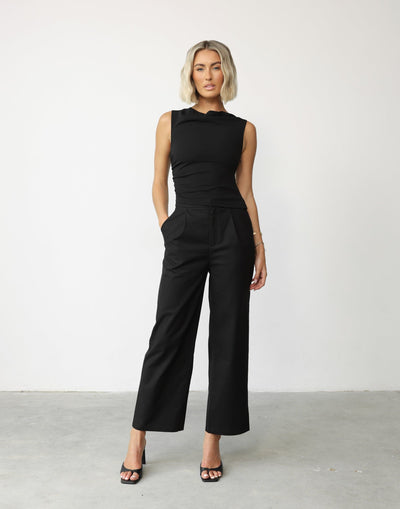 Kristella Pants (Black) - High Waisted Linen Look Lined Pants - Women's Pants - Charcoal Clothing