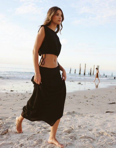 Lillian Maxi Skirt (Black) | CHARCOAL Exclusive - Low to Mid Rise Flared Linen Maxi Skirt - Women's Skirt - Charcoal Clothing