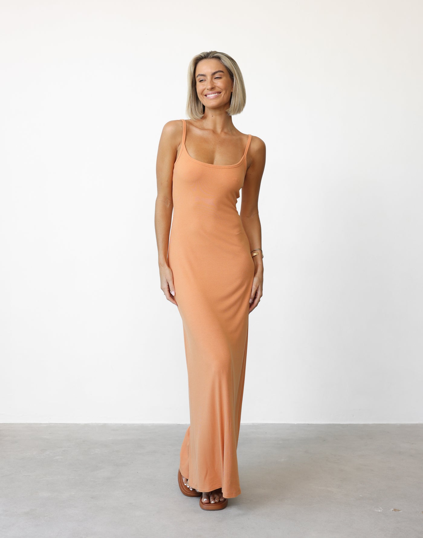 Helia Maxi Dress (Apricot) | CHARCOAL Exclusive - Ribbed Bodycon Flared Hem Maxi Dress - Women's Dress - Charcoal Clothing