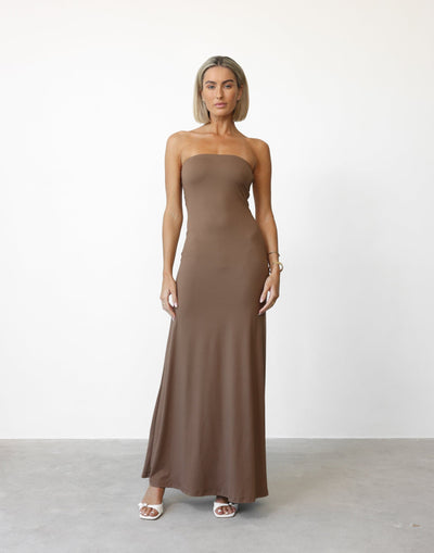 Ada Maxi Dress (Mocha) | CHARCOAL Exclusive - Strapless Bodycon Jersey Flared Hem Maxi Dress - Women's Dress - Charcoal Clothing