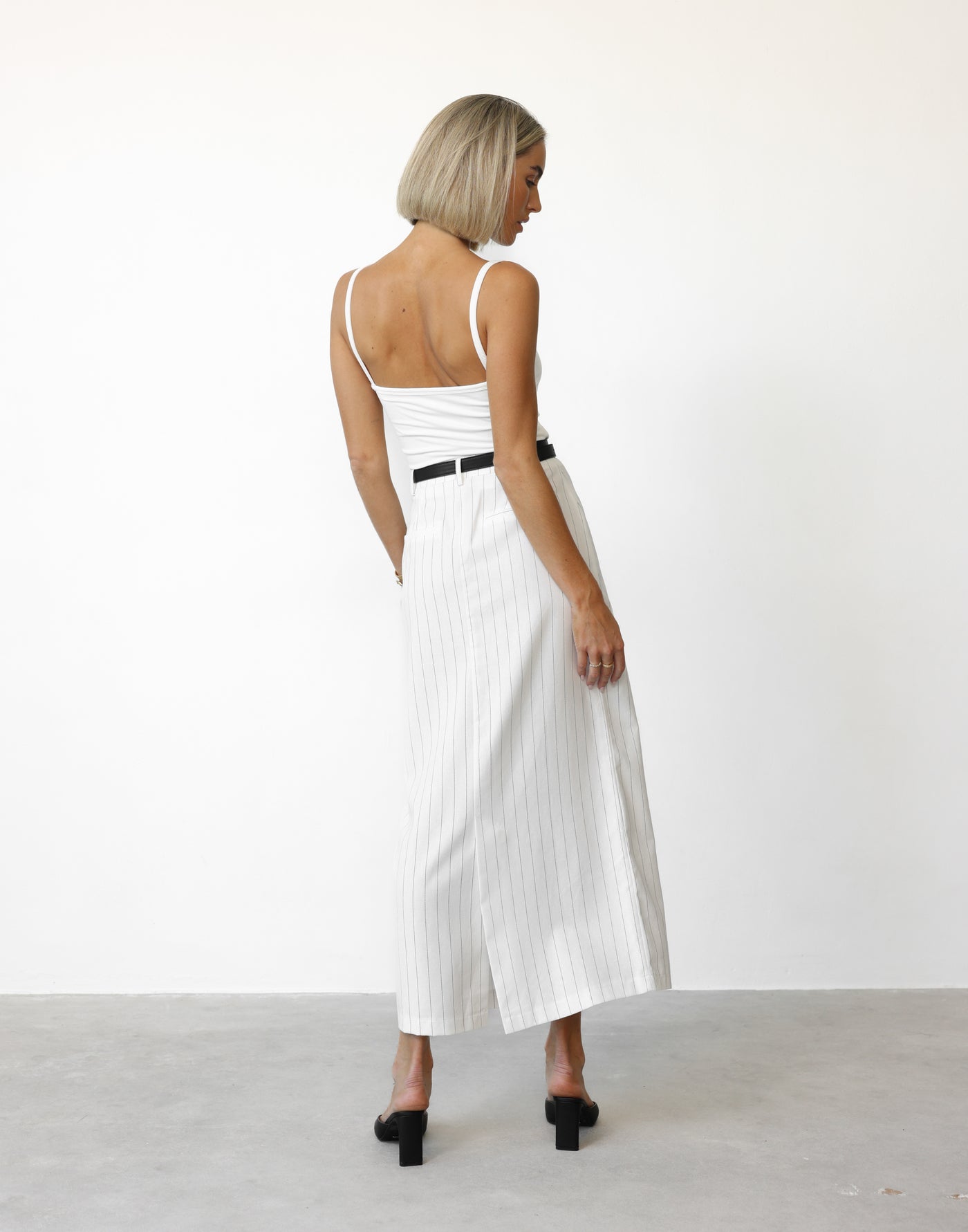 Charlie Maxi Skirt (White Pinstripe) | CHARCOAL Exclusive - High Waisted Split Back Maxi Skirt - Women's Skirt - Charcoal Clothing