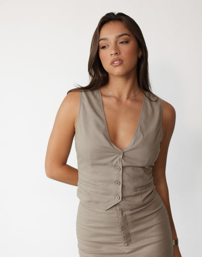 Keanna Linen Vest Top (Stone) | Charcoal Clothing Exclusive - V-neck Adjustable Cinched Waist Top - Women's Top - Charcoal Clothing