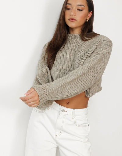 Shane Jumper (Beige) - Cropped Crew Neck Knitted Jumper - Women's Top - Charcoal Clothing