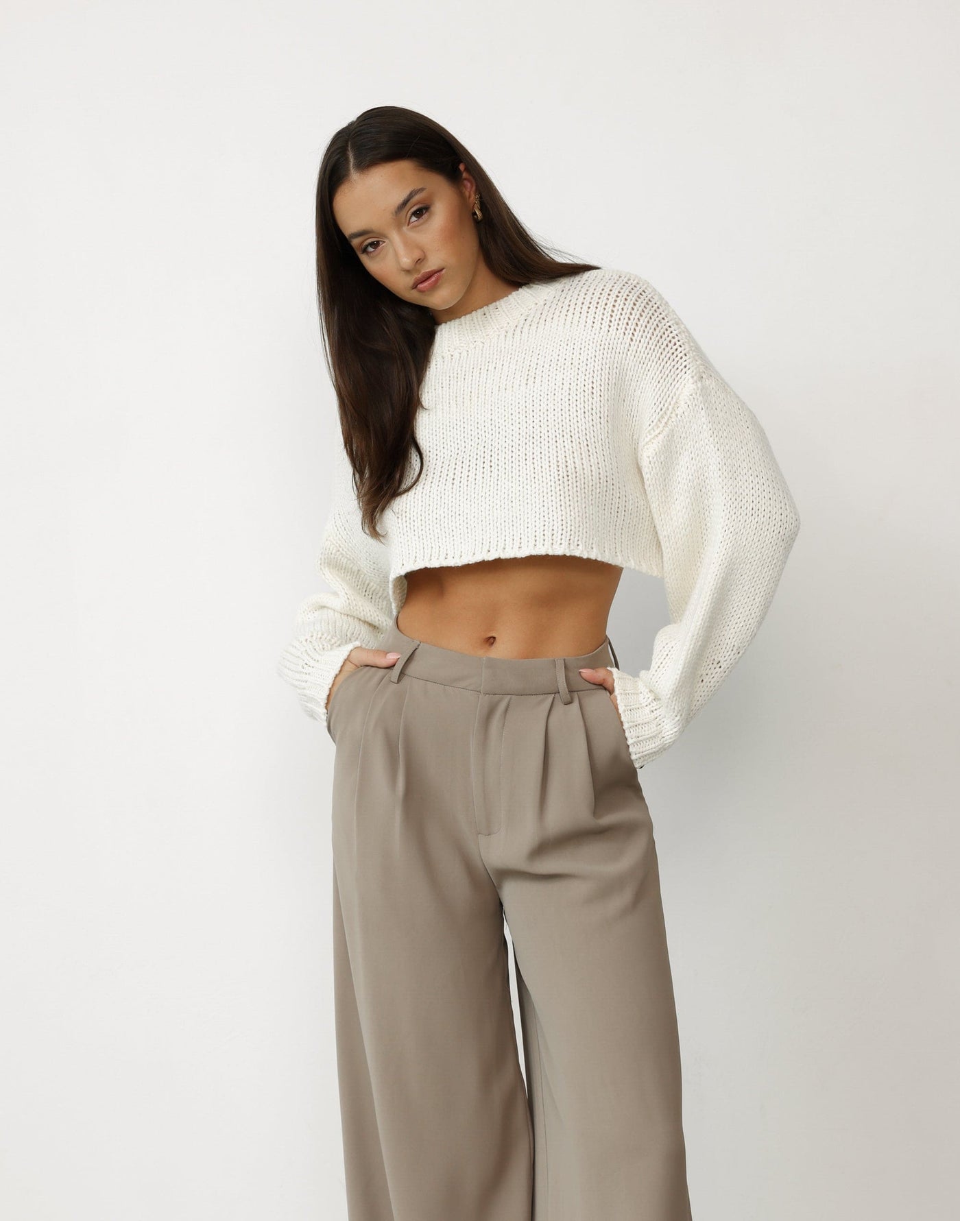 Shane Jumper (Cream) - Cropped Crew Neck Knitted Jumper - Women's Top - Charcoal Clothing
