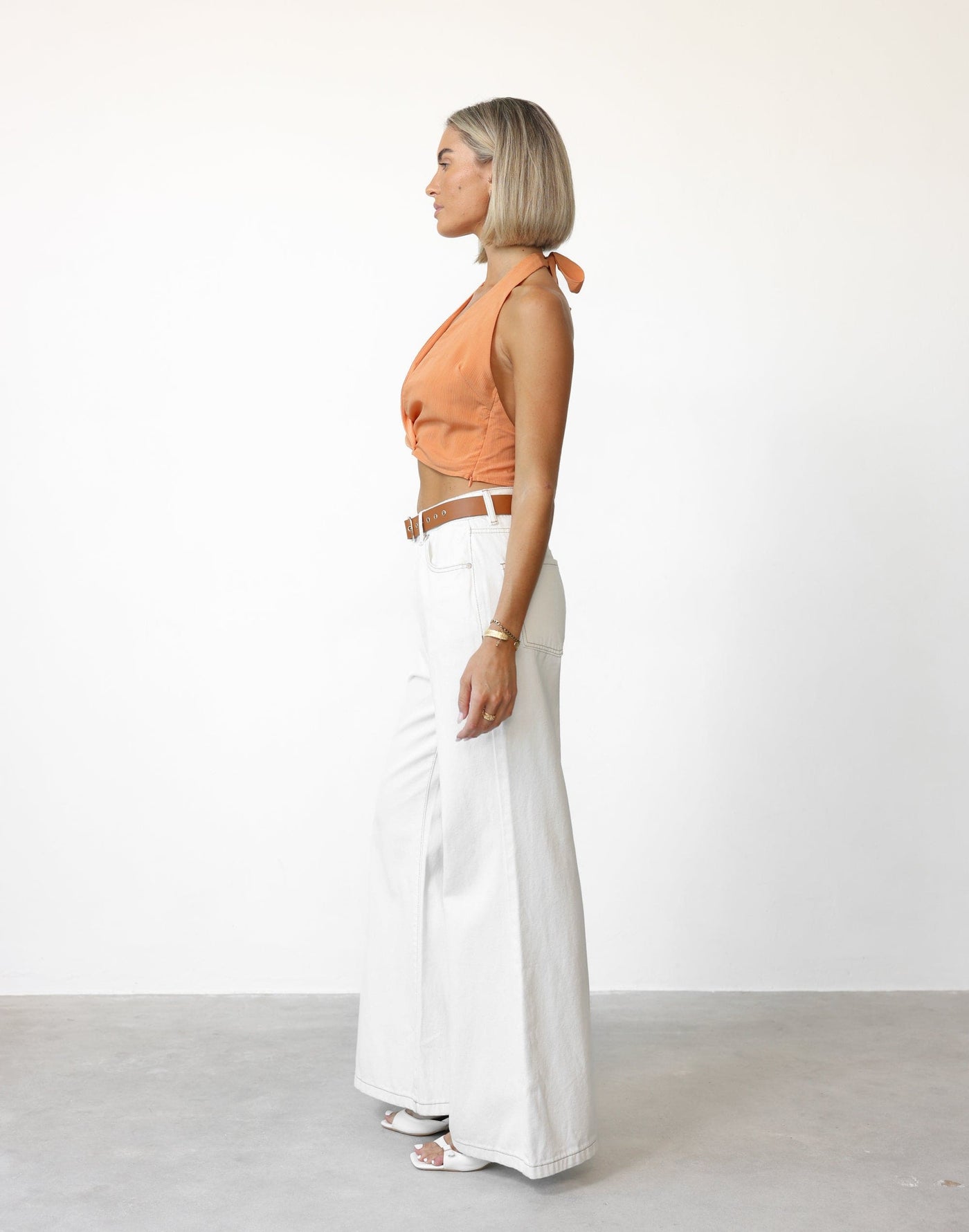 Raquelle toP (Apricot) | CHARCOAL Exclusive - Textured Sheer Overlay V-neckline Halter Top - Women's Pants - Charcoal Clothing