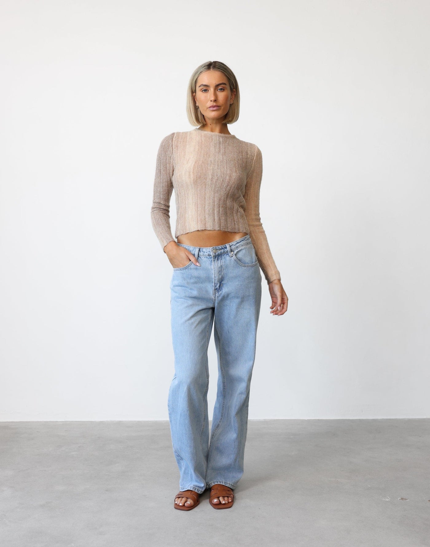 Lori Top (Beige) - Fuzzy Knit Detail Ribbed Top - Women's Top - Charcoal Clothing