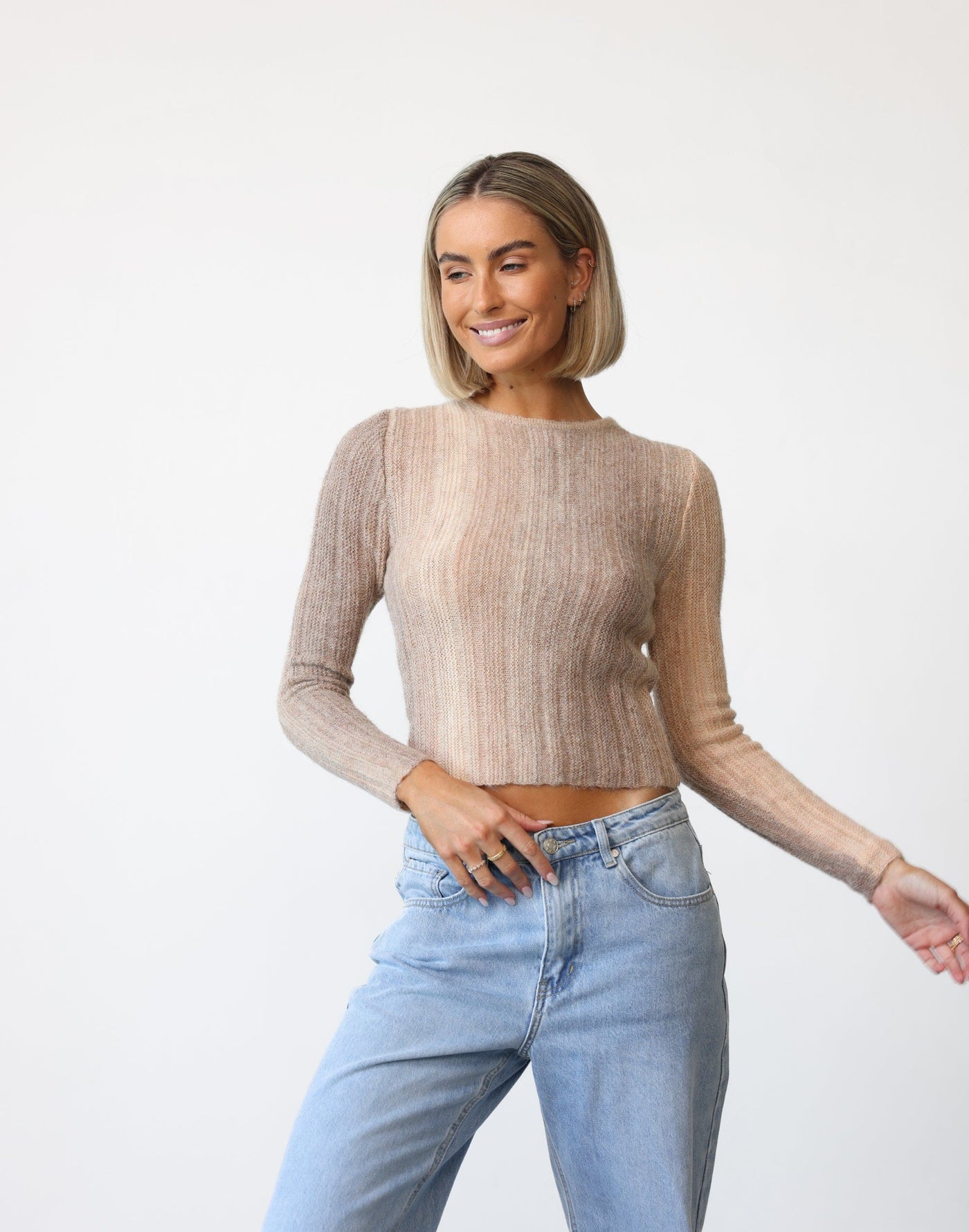 Lori Top (Beige) - Fuzzy Knit Detail Ribbed Top - Women's Top - Charcoal Clothing