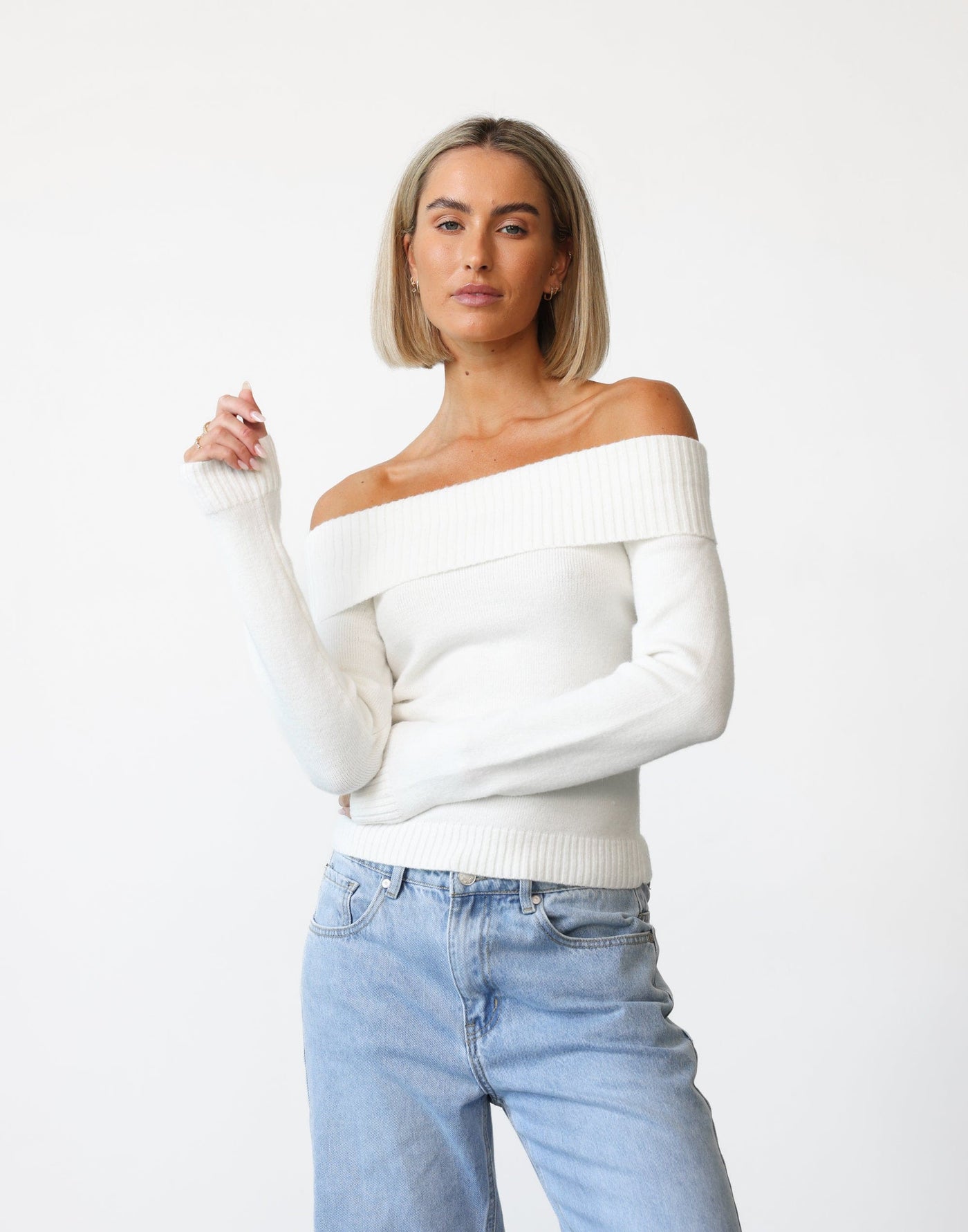 Hillary Jumper (White) - Off Shoulder Ribbed Detail Jumper - Women's Top - Charcoal Clothing