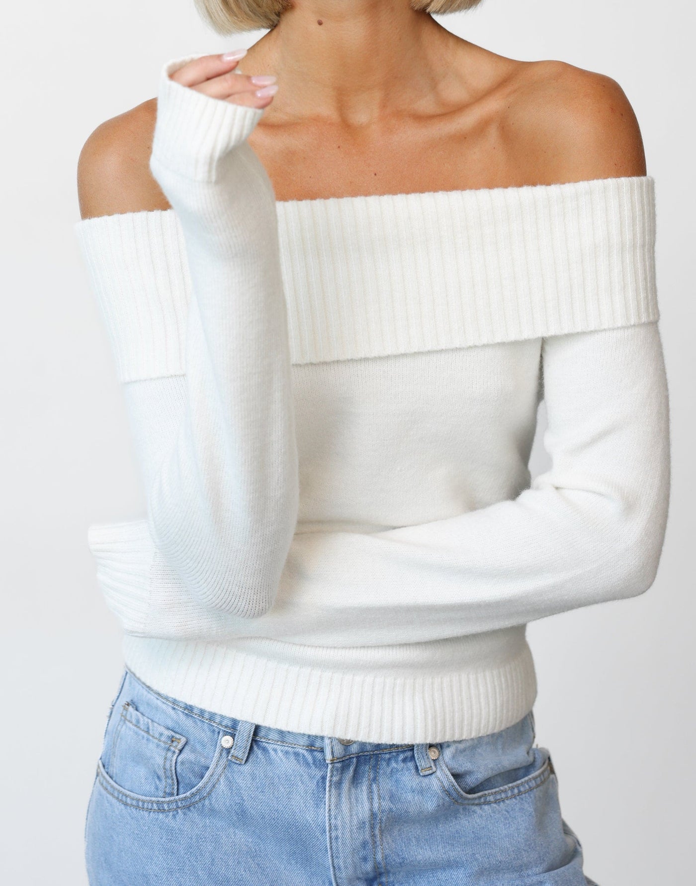 Hillary Jumper (White) - Off Shoulder Ribbed Detail Jumper - Women's Top - Charcoal Clothing