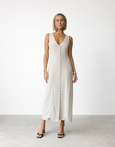 Cailey Maxi Dress (Latte) | CHARCOAL Exclusive - V-neck Button Detail Maxi Dress - Women's Dress - Charcoal Clothing