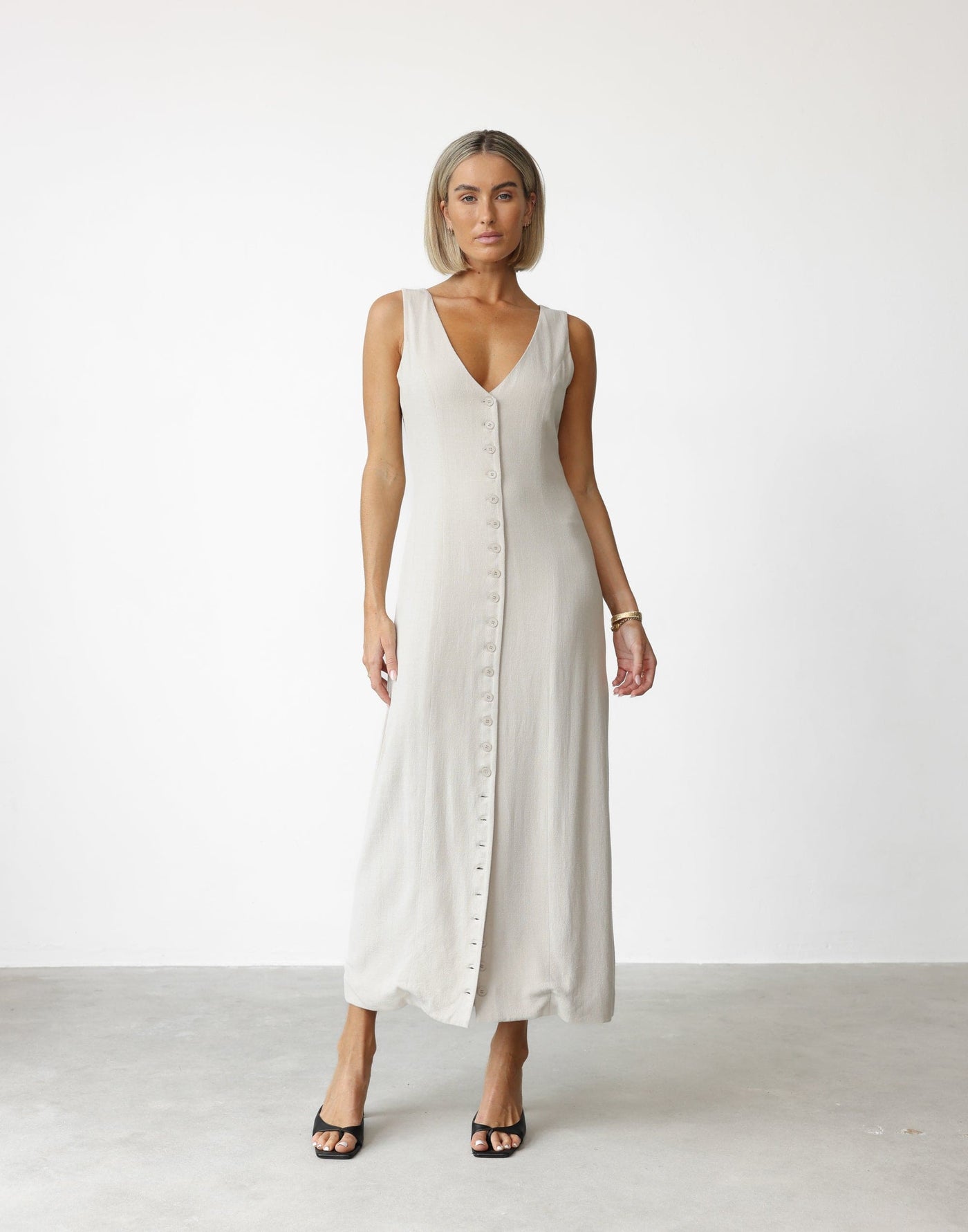 Cailey Maxi Dress (Latte) | CHARCOAL Exclusive - V-neck Button Detail Maxi Dress - Women's Dress - Charcoal Clothing
