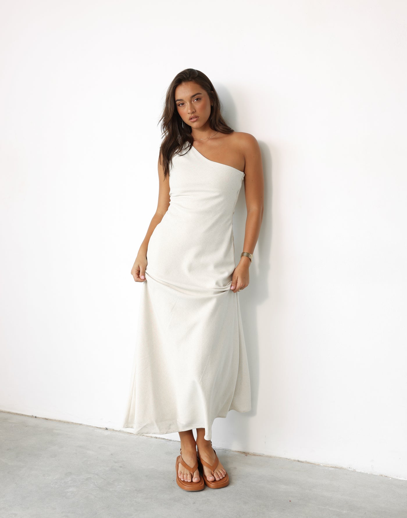 Rema Maxi Dress (Oat) | CHARCOAL Exclusive - Asymmetrical Neckline Flared Skirt Linen Blend Maxi - Women's Dress - Charcoal Clothing