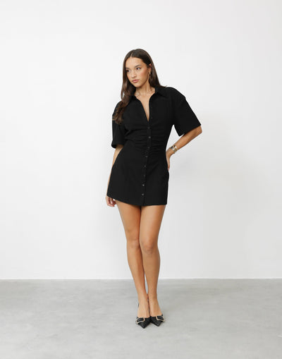 Etta Mini Dress (Black) | CHARCOAL Exclusive - Cinched Ruched Waist Boxy Fit Top Mini Dress - Women's Dress - Charcoal Clothing