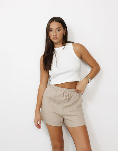 Starlia Shorts (Beige) - Linen High Waisted Functional Pocket Shorts - Women's Shorts - Charcoal Clothing