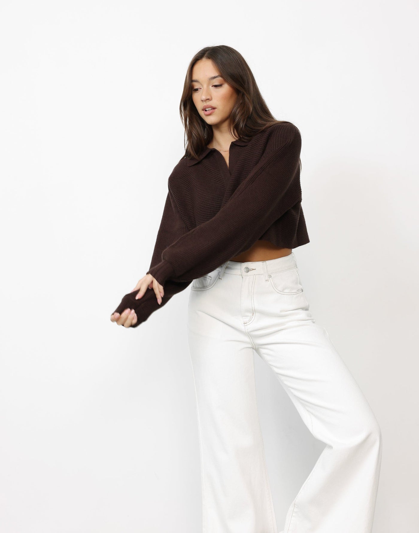 Logan Jumper (Chocolate) - Cropped Collared Knit Jumper - Women's Top - Charcoal Clothing