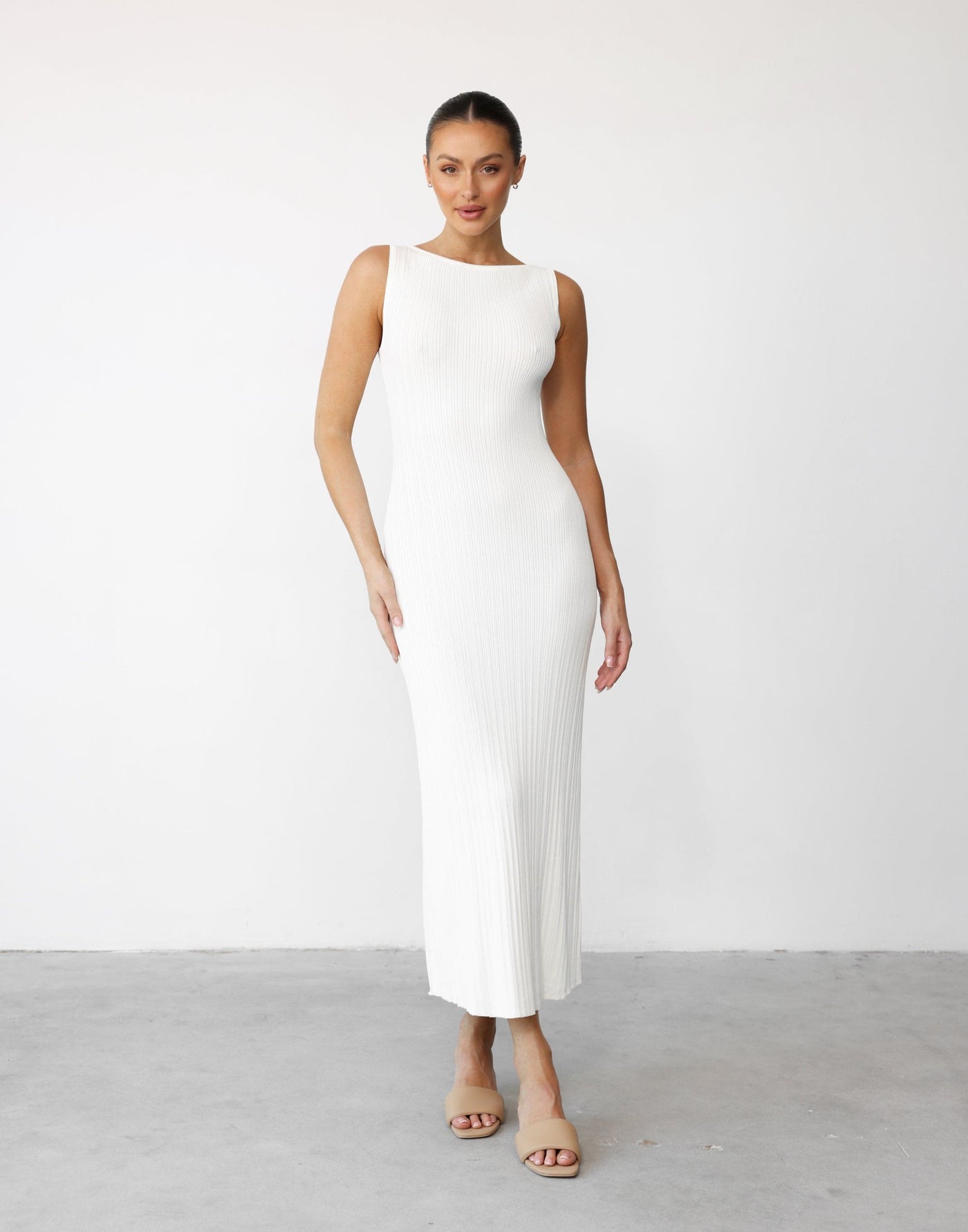 Aylah Midi Dress (Cream) - Textured Backless High Boatneck Midi - Women's Dress - Charcoal Clothing