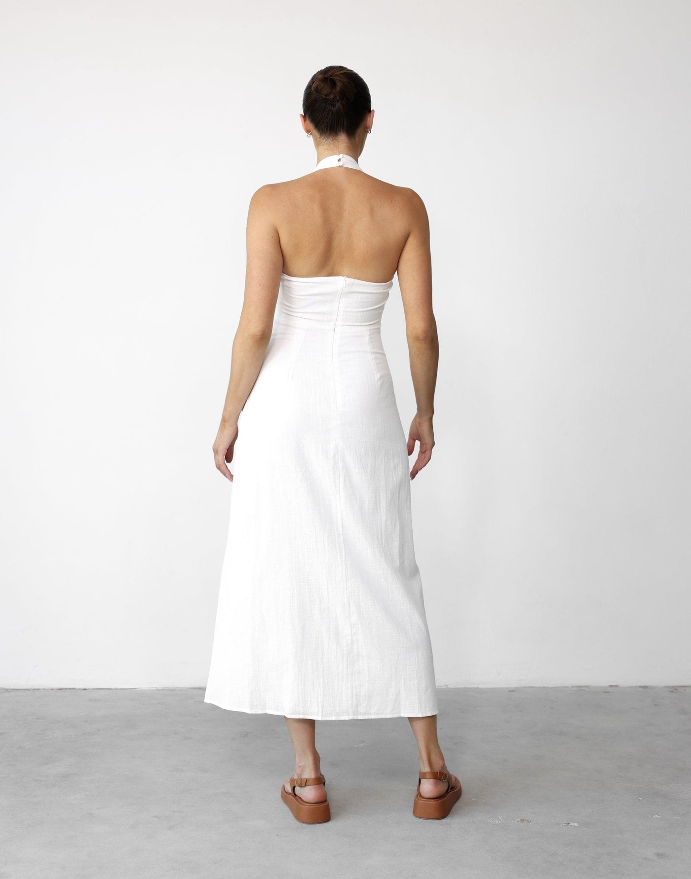 Nakia Maxi Dress (White) - Asymmetrical Strap Neckline Cotton Blend Maxi - Women's Top - Charcoal Clothing