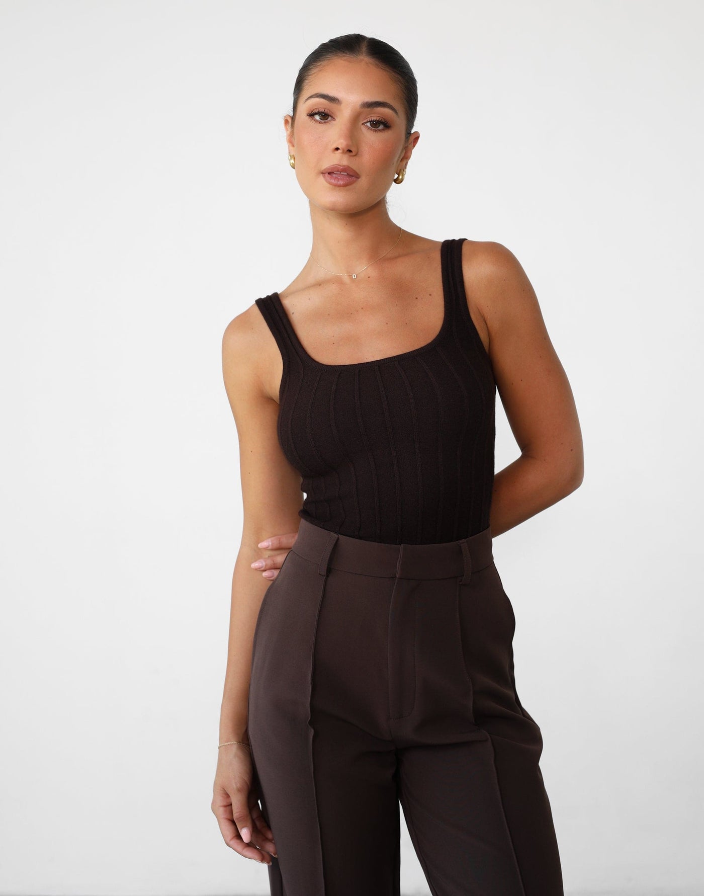 Ephemeral Top (Chocolate) - Scoop Neck Ribbed Knit Top - Women's Top - Charcoal Clothing