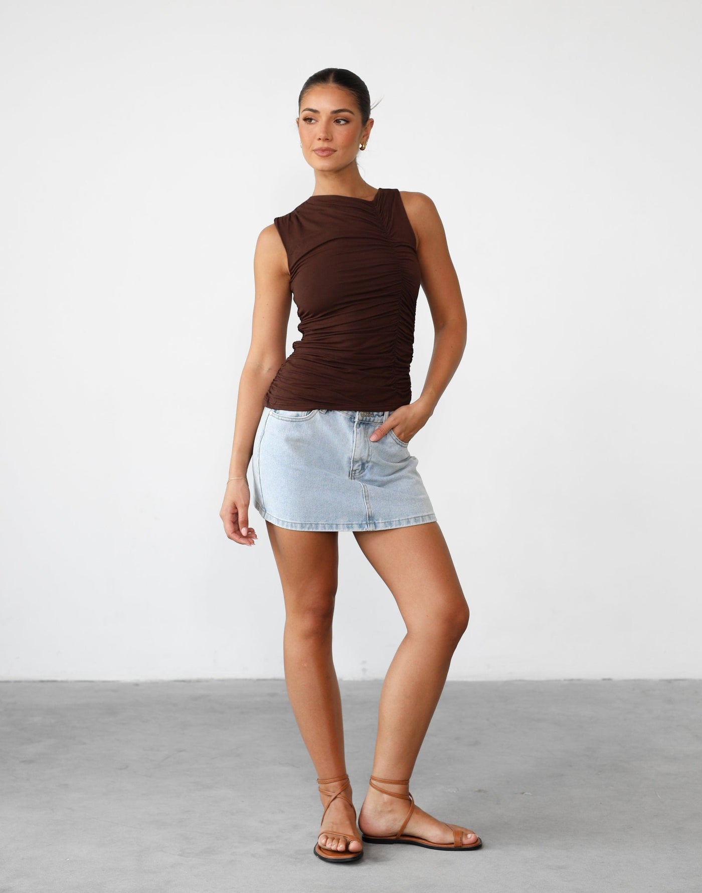 Delphine Tank Top (Chocolate) - Bodycon Jersey Gathered Detail Top - Women's Top - Charcoal Clothing