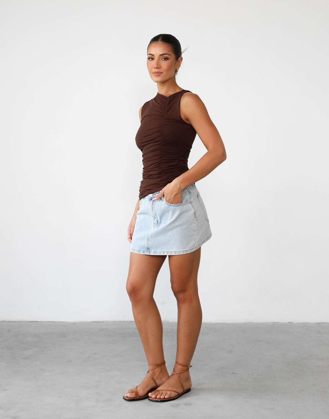 Delphine Tank Top (Chocolate) - Bodycon Jersey Gathered Detail Top - Women's Top - Charcoal Clothing