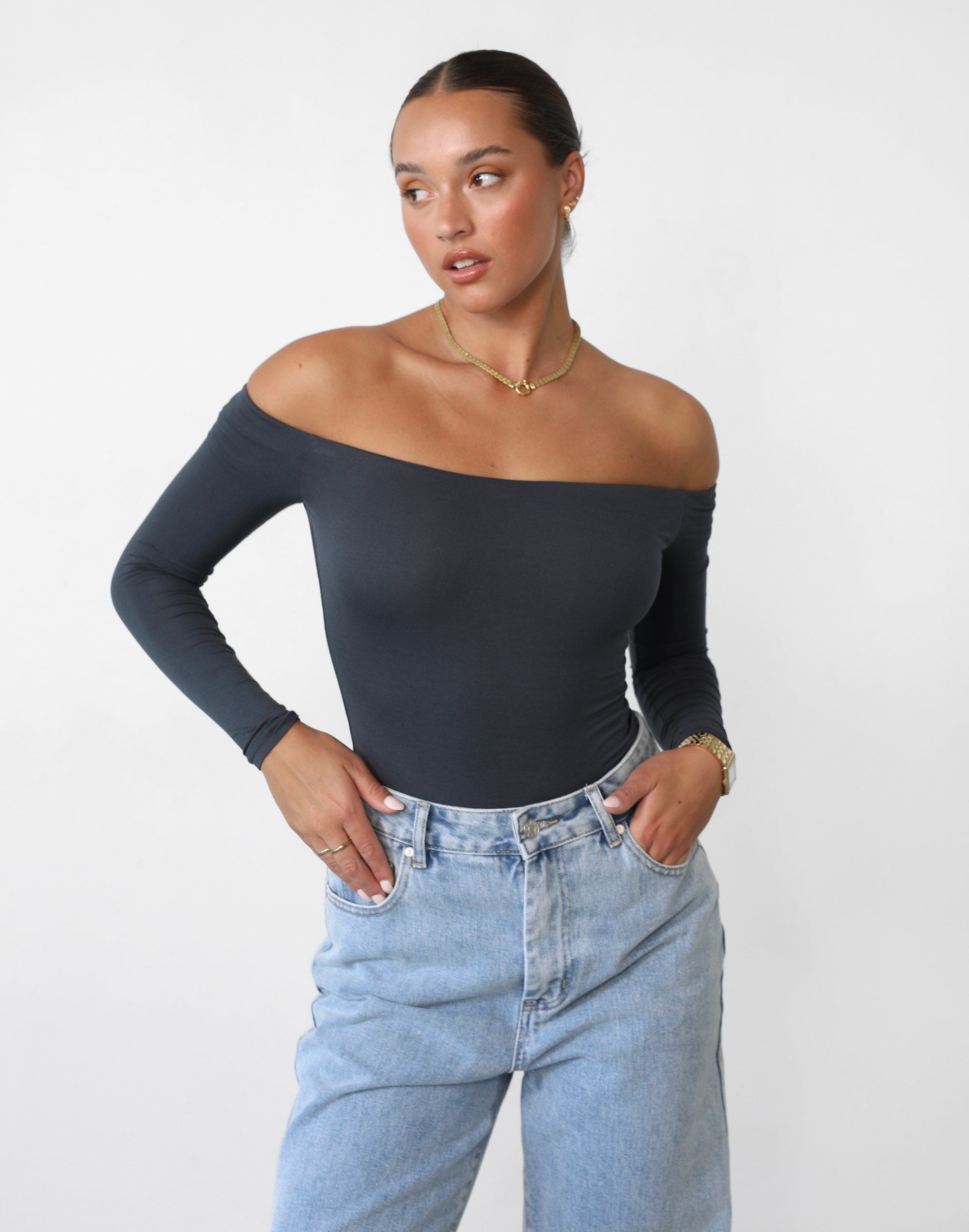 Iris Bodysuit (Charcoal) Offtheshoulder Long Sleeve Bodysuit CHARCOAL