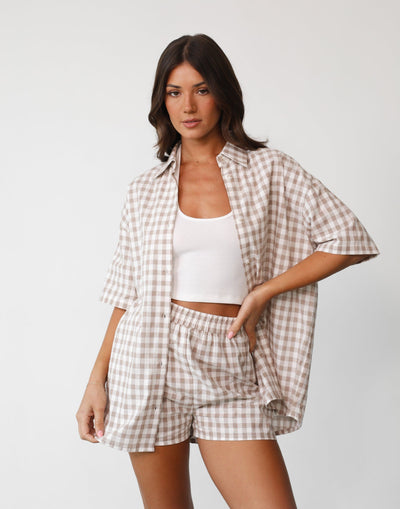 Camila Shorts (Beige Gingham) | Charcoal Clothing Exclusive - High Elasticated Waist Wide Leg Short - Women's Short - Charcoal Clothing