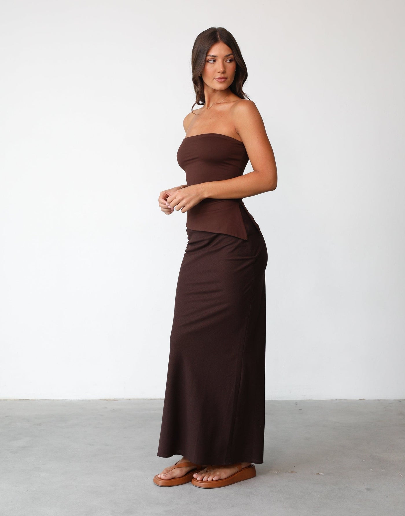 Monique Strapless Top (Cocoa) | Charcoal Clothing Exclusive - Bodycon Lined Jersey Asymmetrical Hemline Top - Women's Top - Charcoal Clothing