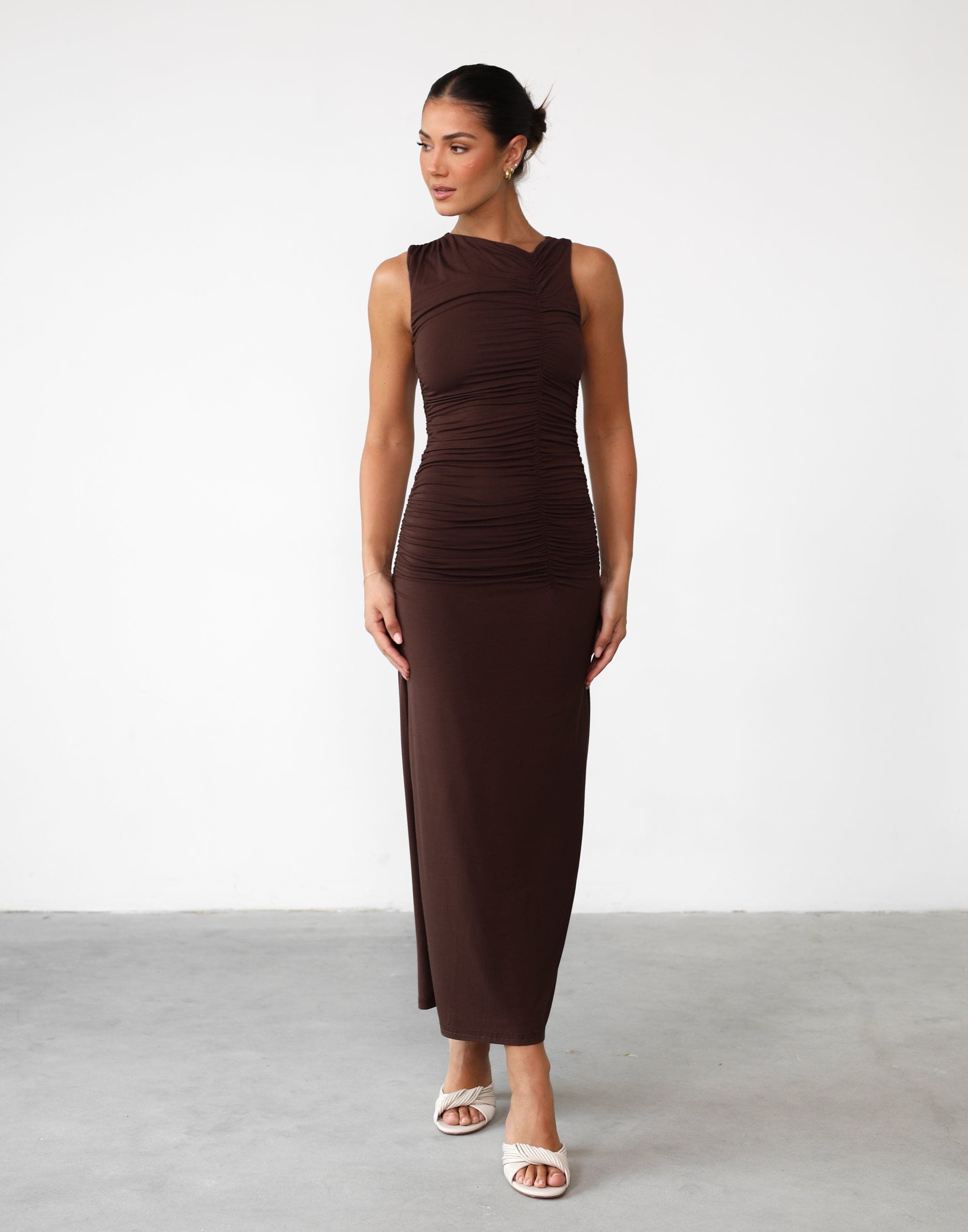 Delphine Maxi Dress (Cocoa) Bodycon Jersey Gathered Detail Maxi Dress