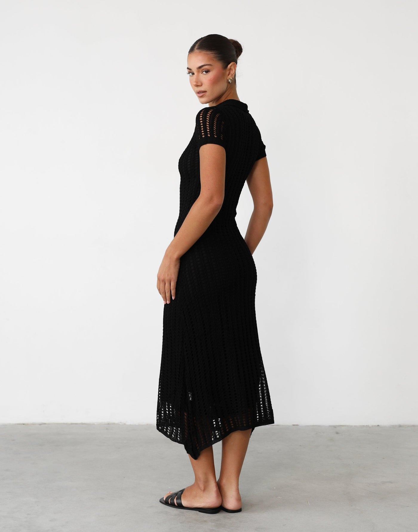 Hennie Midi Dress (Black) - Crochet Overlay Midi Dress - Women's Dress - Charcoal Clothing