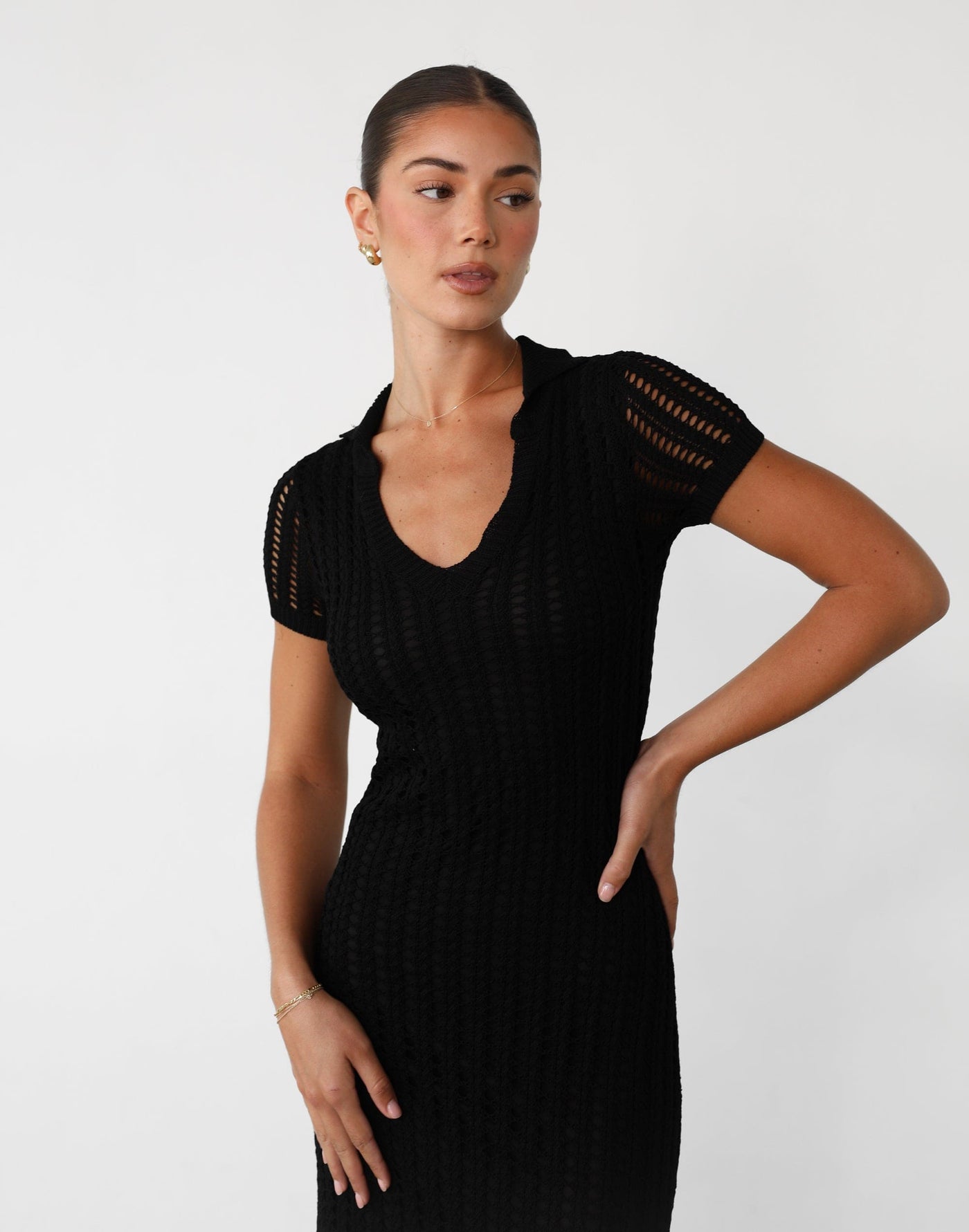 Hennie Midi Dress (Black) - Crochet Overlay Midi Dress - Women's Dress - Charcoal Clothing