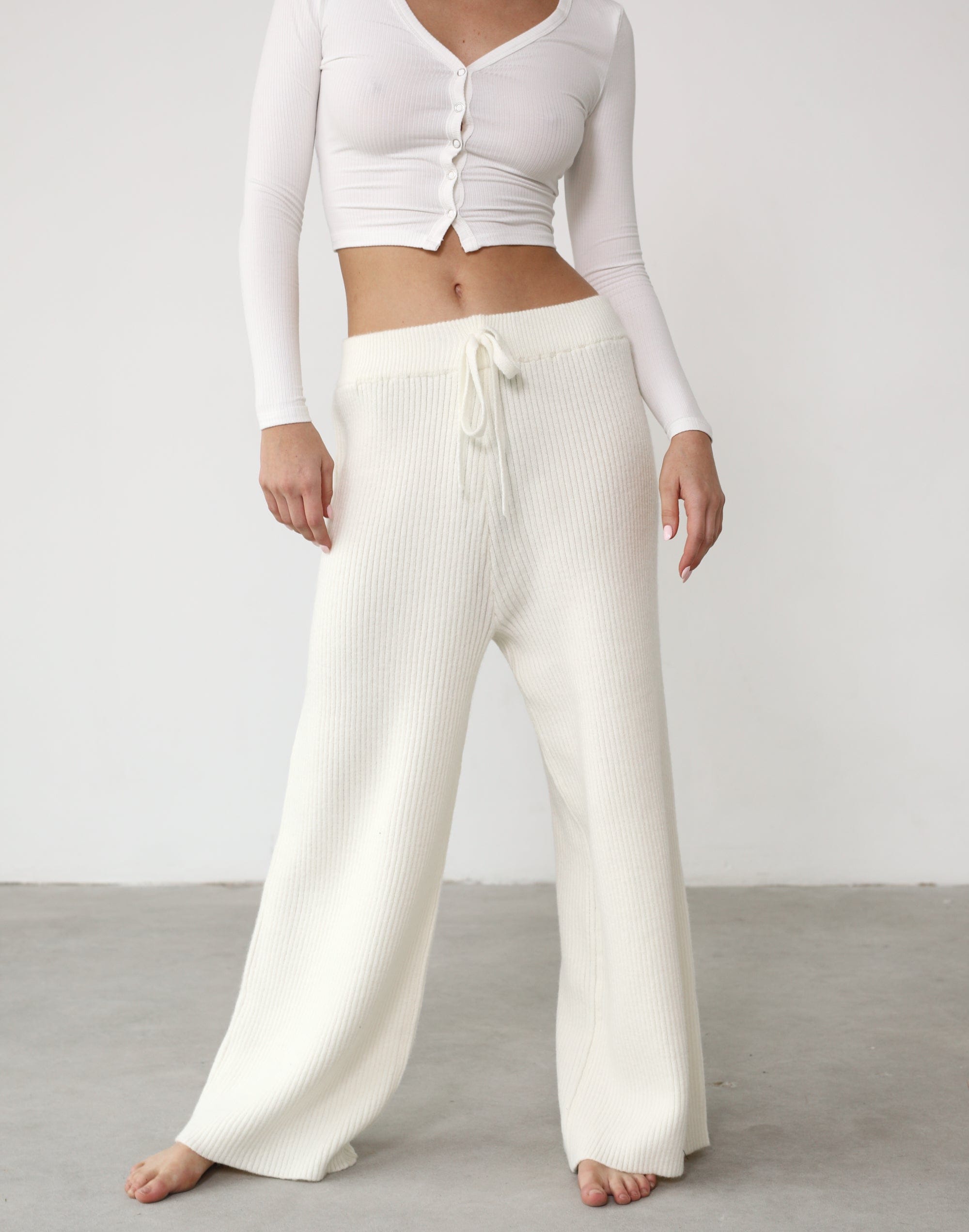 Tavinia Knit Pants (White) - Ribbed High Waisted Wide Leg Knit