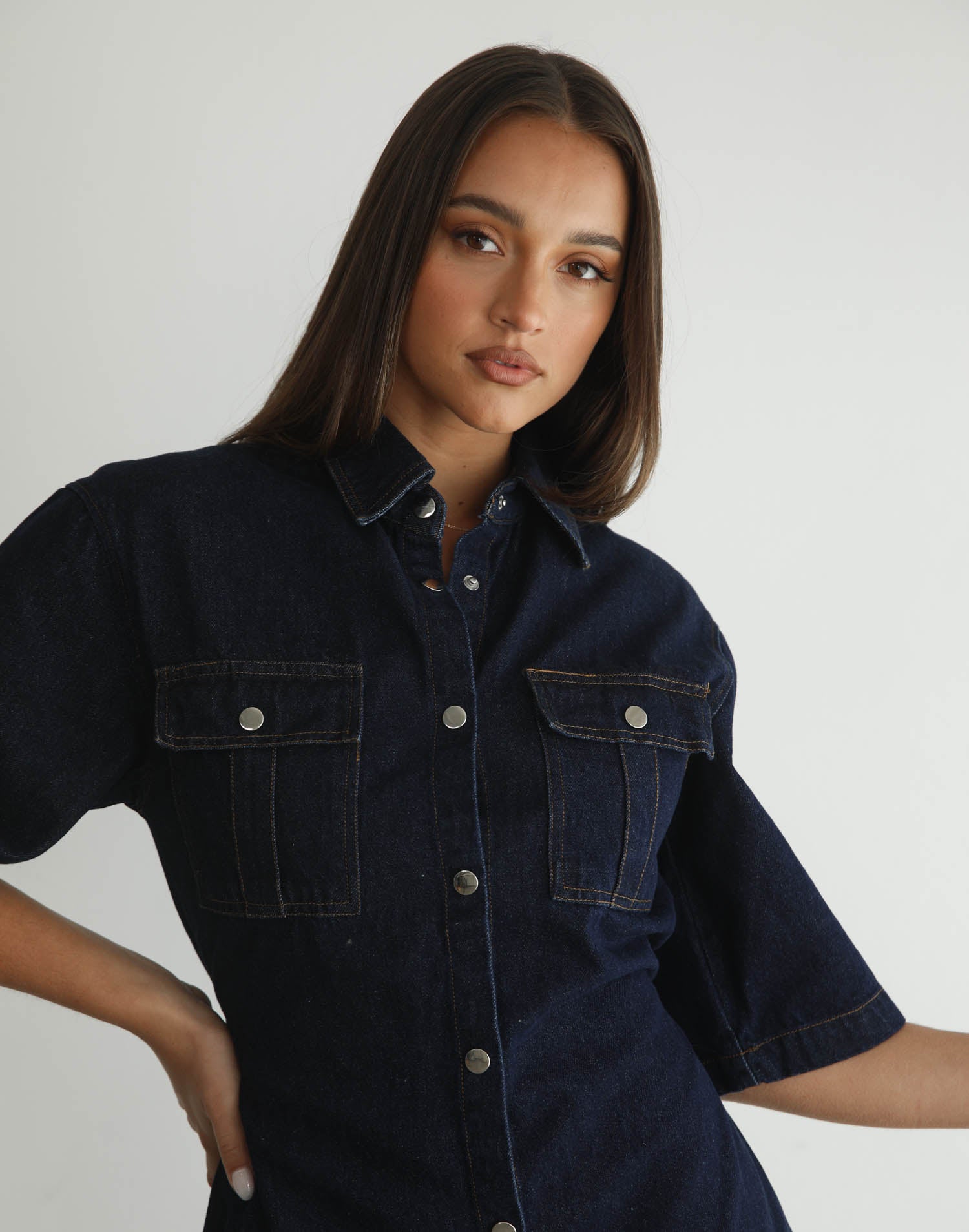 Hadid Mini Dress (Black) Charcoal Clothing Exclusive Denim Button Closure Fitted Mini Dress