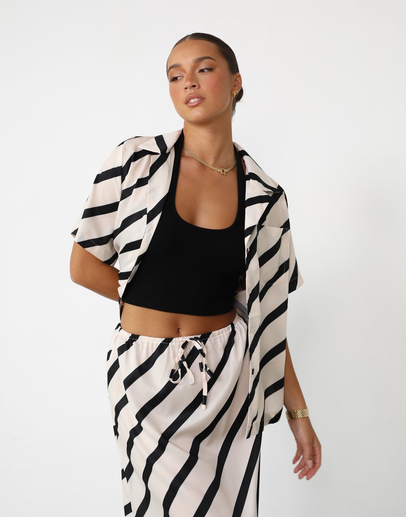 Mori Shirt (Stripe) - Button Up Diagonal Stripe Shirt - Women's Top - Charcoal Clothing