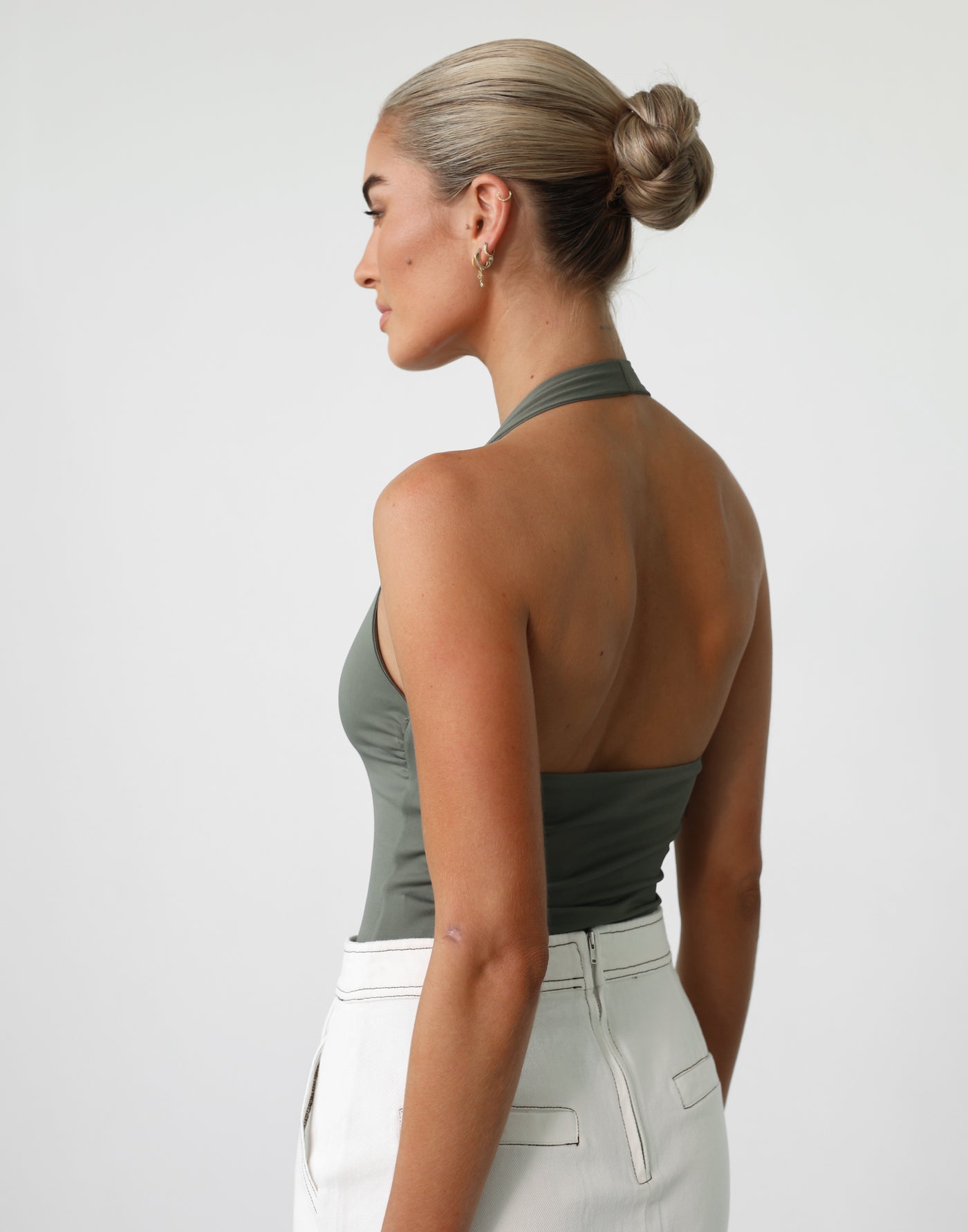 Amira Bodysuit (Khaki) - Halter Open Back Deep V Bodysuit - Women's Top - Charcoal Clothing