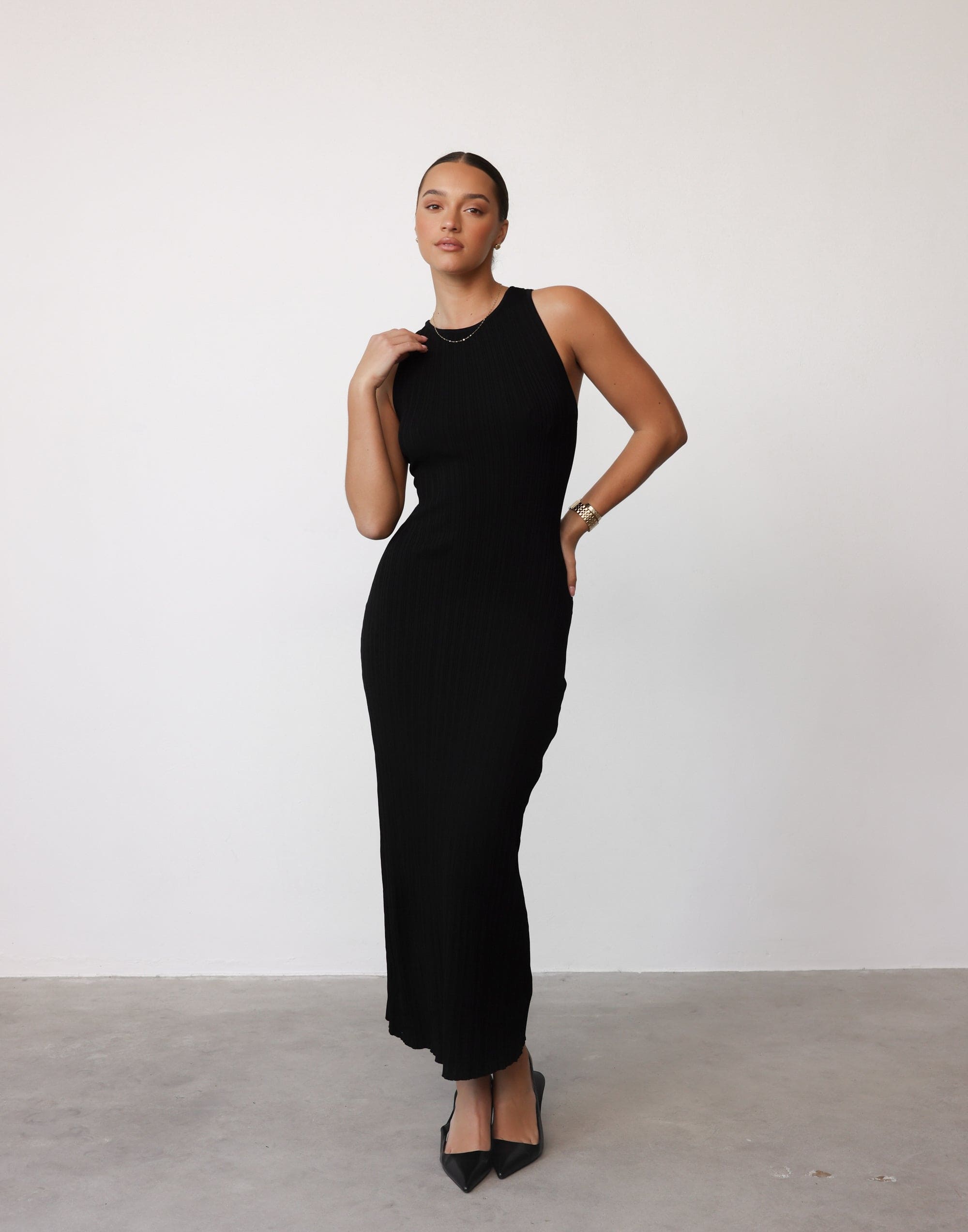 Charm Midi Dress (Black) Crossed Open Back Ribbed Maxi CHARCOAL