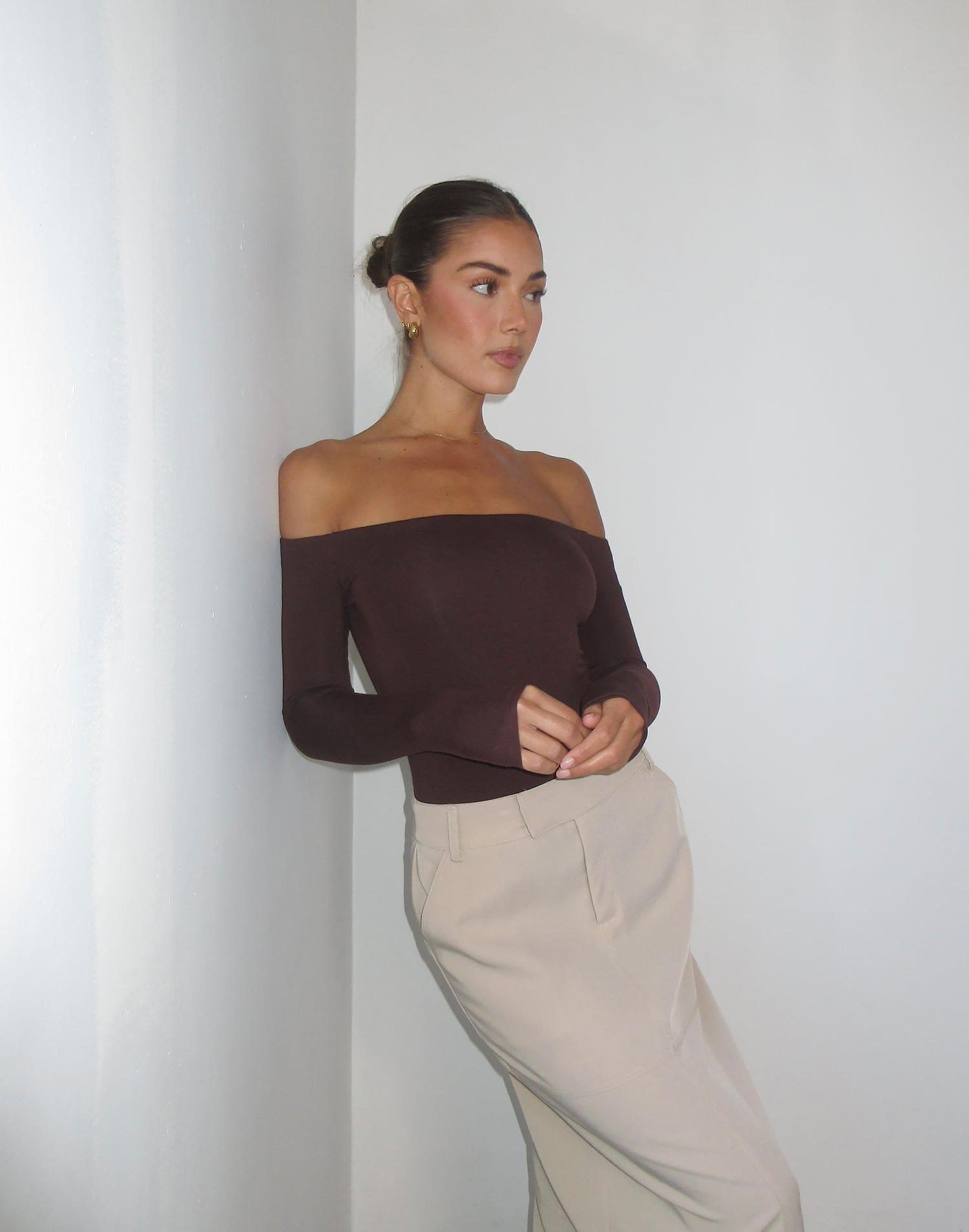 Iris Bodysuit (Cocoa) Offtheshoulder Long Sleeve Bodysuit CHARCOAL