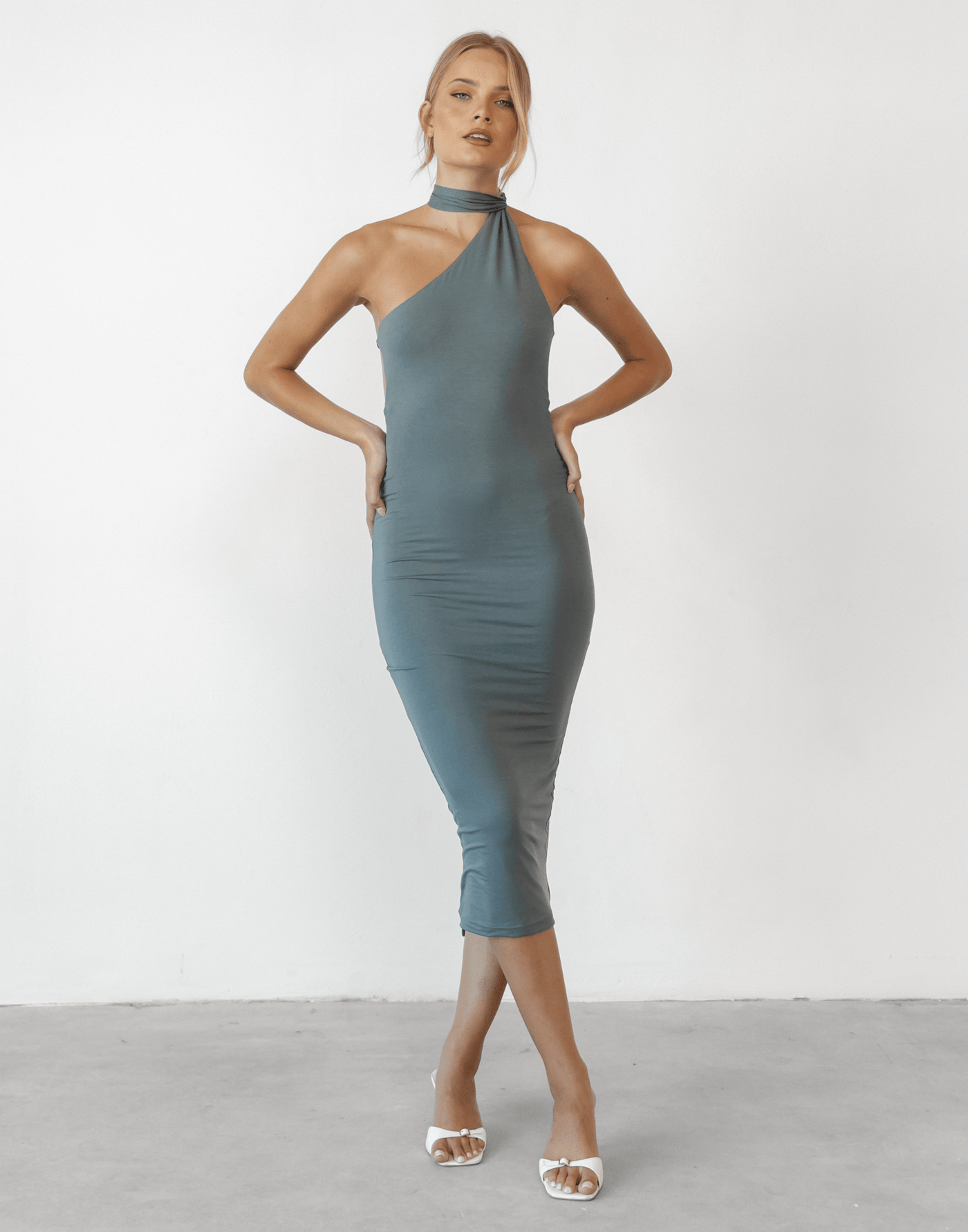 Larose Midi Dress (Charcoal) - Charcoal One Shoulder Midi Dress - Women's Dress - Charcoal Clothing