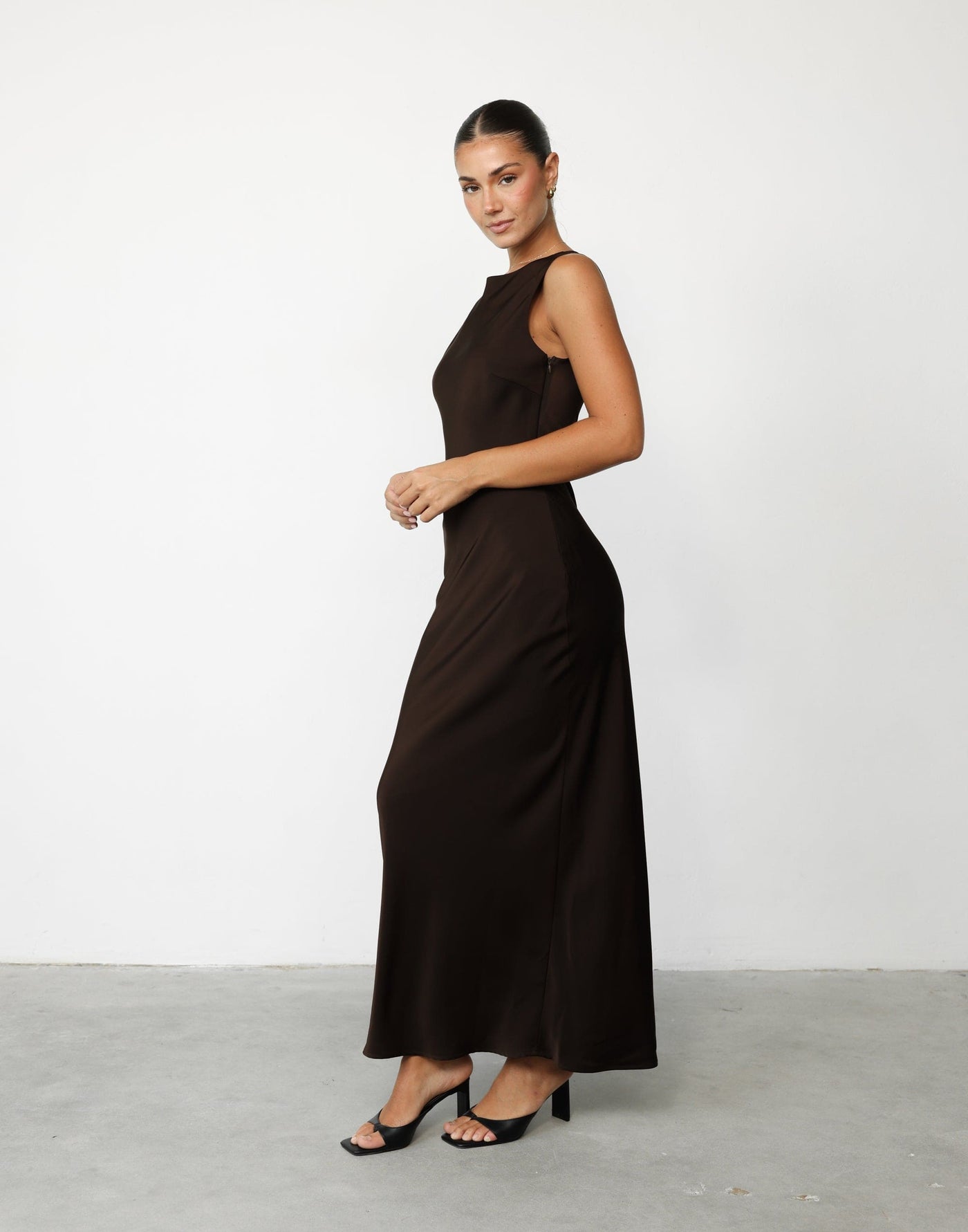 Lucetto Maxi Dress (Chocolate) | CHARCOAL Exclusive - Sheer Back Satin Maxi Dress - Women's Dress - Charcoal Clothing