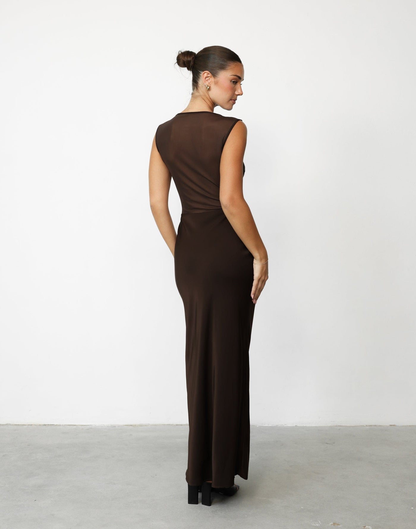 Lucetto Maxi Dress (Chocolate) | CHARCOAL Exclusive - Sheer Back Satin Maxi Dress - Women's Dress - Charcoal Clothing