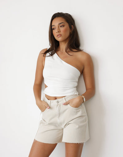 Niyah One Shoulder Top (White) | CHARCOAL Exclusive - Cut Out Waist Tie Up Detail Crop Top - Women's Top - Charcoal Clothing