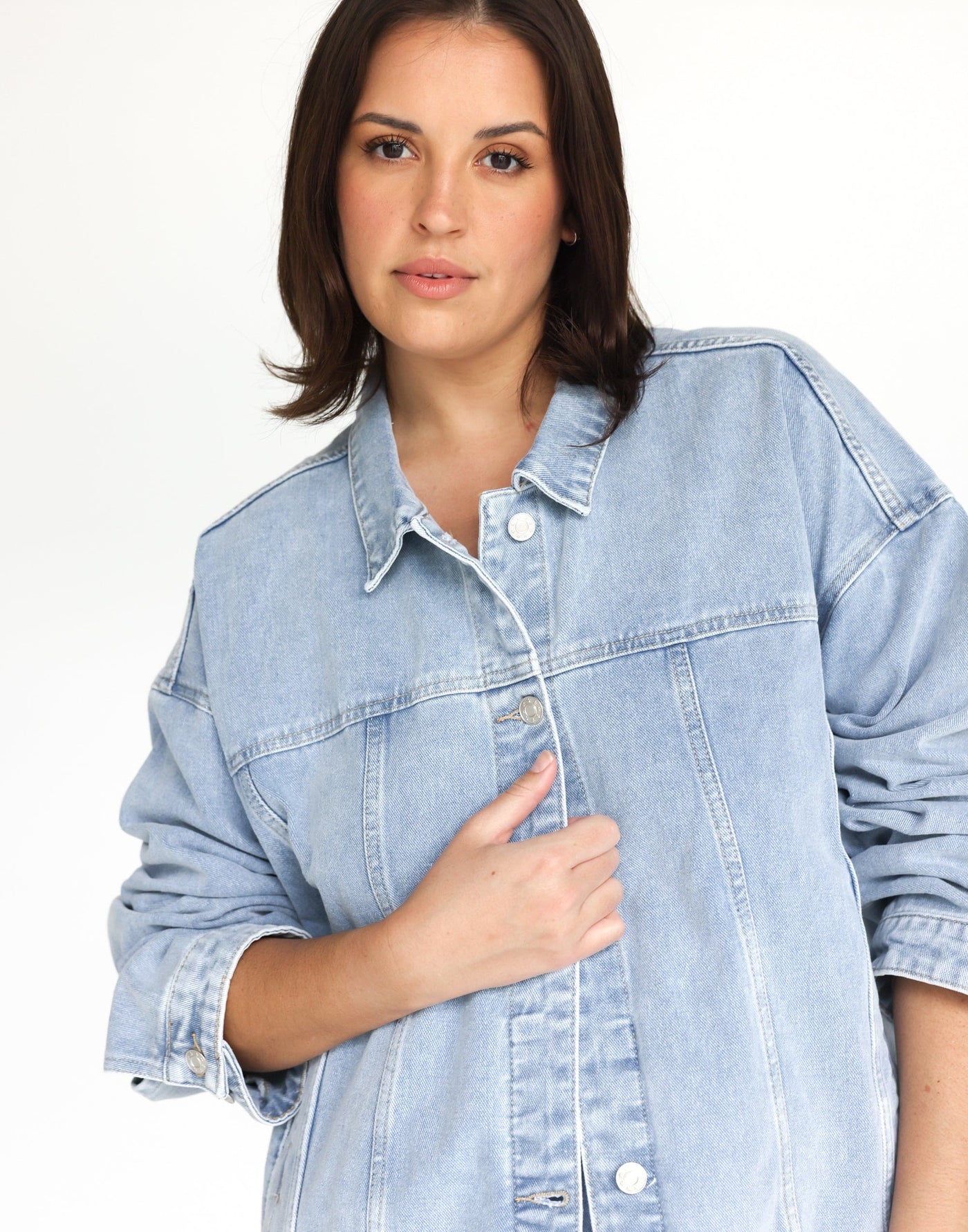 Cole Denim Jacket (Light Vintage) | CHARCOAL Exclusive - Adjustable Waist Silver Button Denim Jacket - Women's Outerwear - Charcoal Clothing