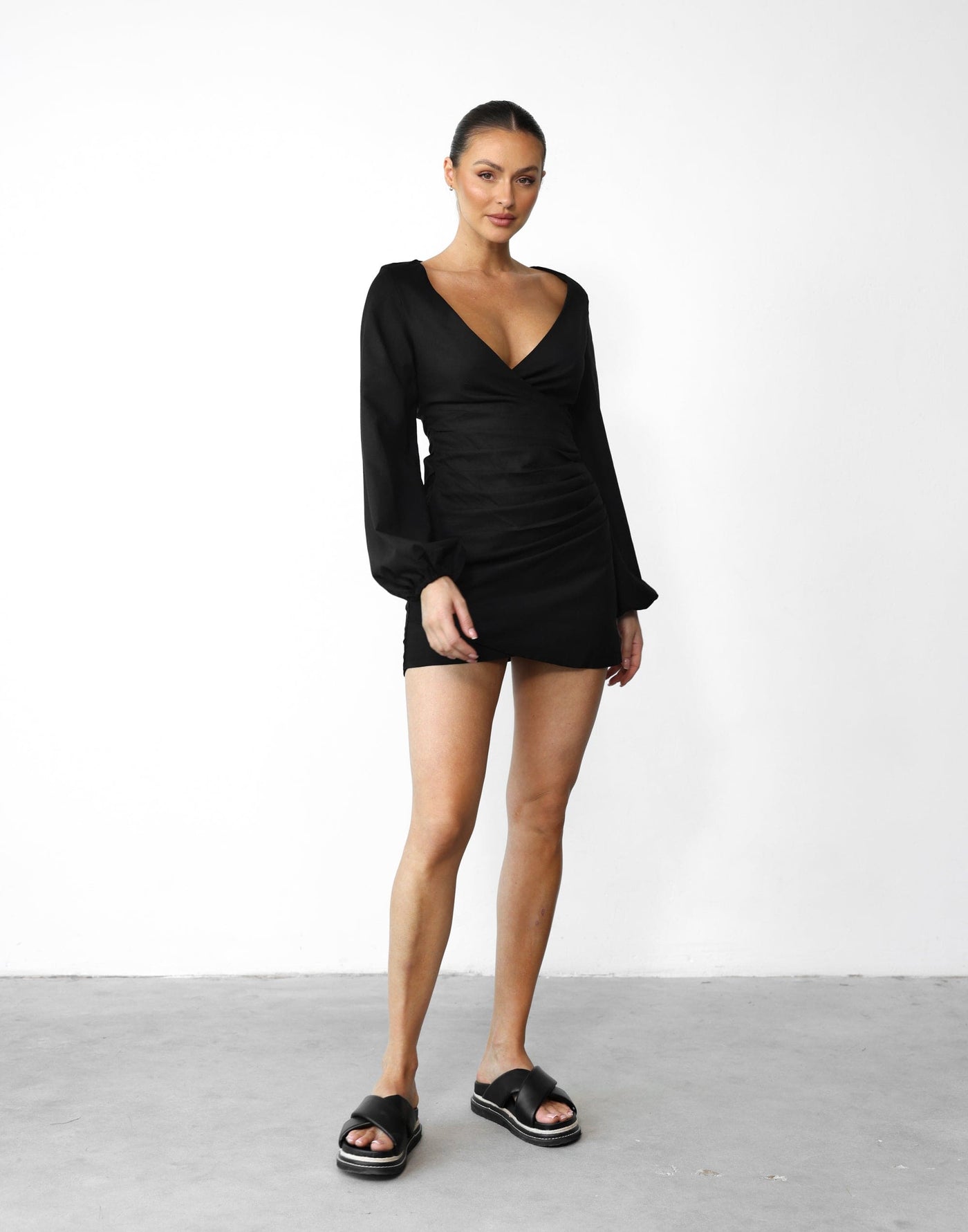 Caliraya Mini Dress (Black) - Long Sleeve Wrap Mini Dress - Women's Dress - Charcoal Clothing