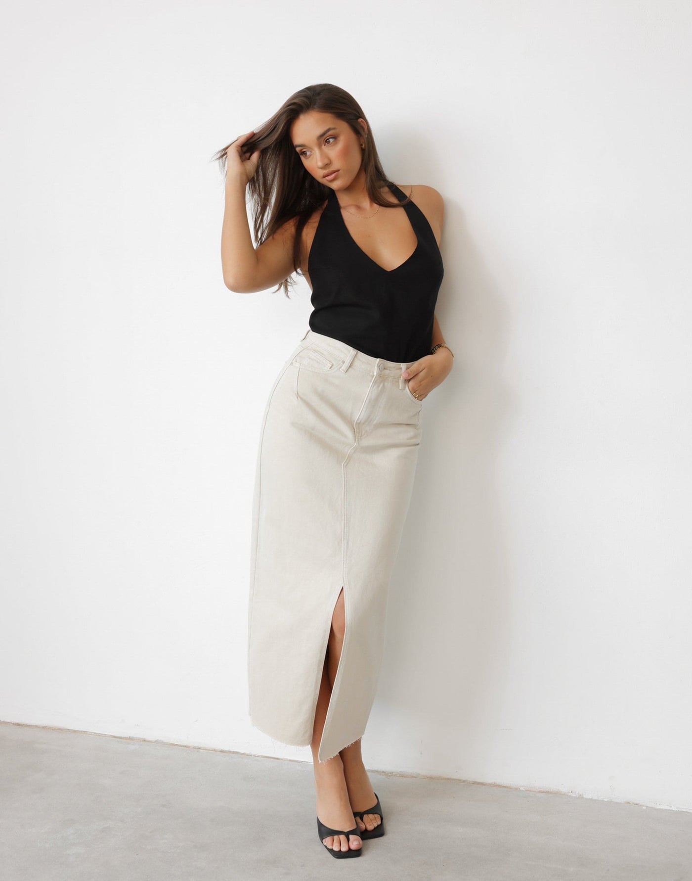 Drew Denim Midi Skirt (Latte) | CHARCOAL Exclusive - Mid to High Rise Split Front Midi/Maxi Skirt - Women's Skirt - Charcoal Clothing