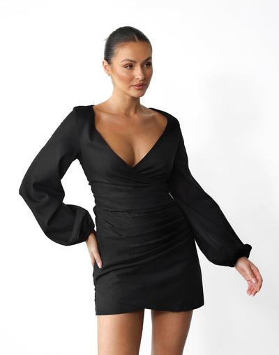 Caliraya Mini Dress (Black) - Long Sleeve Wrap Mini Dress - Women's Dress - Charcoal Clothing