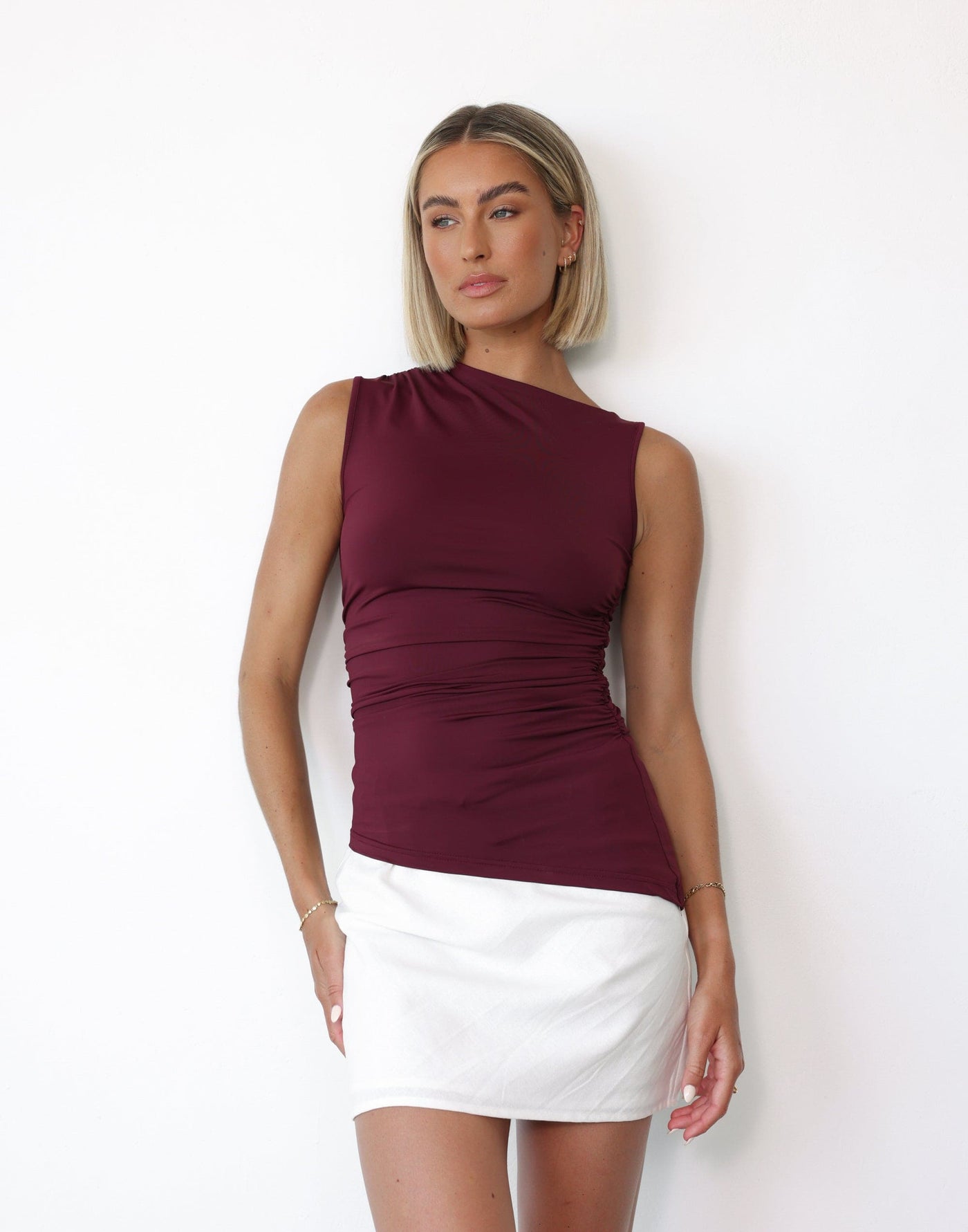 Daya Top (Wine) Charcoal Clothing Exclusive Bodycon Fit Ruch Detail Top CHARCOAL