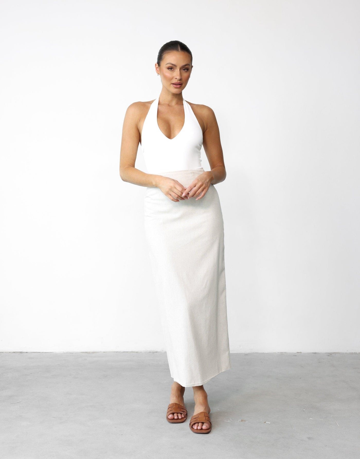 Amira Bodysuit (White) - Low Back Halter Neck Bodysuit - Women's Top - Charcoal Clothing