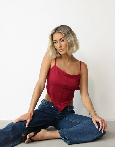 Amalia Top (Cherry) | CHARCOAL Exclusive - Straight Neckline V Point Hem Backless Top - Women's Top - Charcoal Clothing